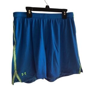 UA Workout Shorts - Blue w/ White, Neon Green Side Stripes Sz Medium —#020